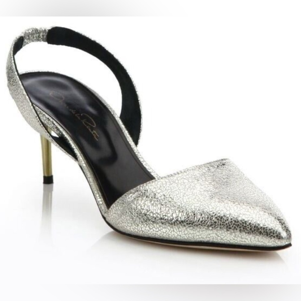 Oscar de la Renta Pamie Crackled Leather Metallic Slingback w/ Gold Heels Sz 38